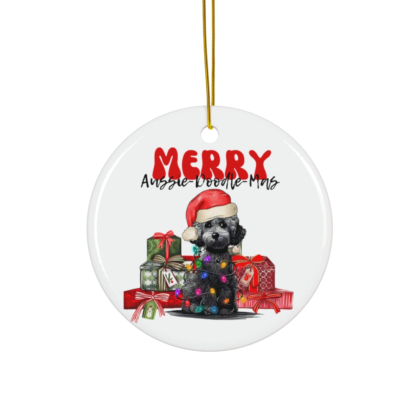 Aussiedoodle Christmas Ceramic Ornament, Round or Star Shape, Merry Aussiedoodlemas, Aussiedoo Ornament, Aussiedoodle Dog Ornament