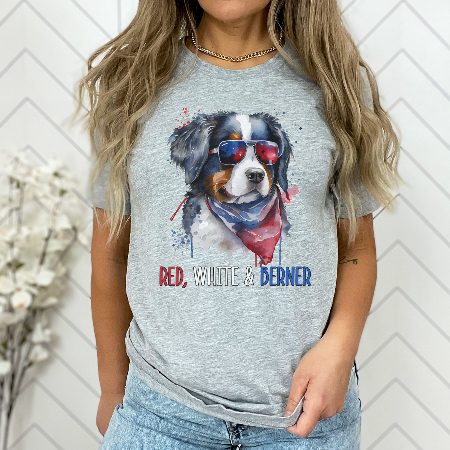 Red White and Berner Patriotic T-Shirt, Bernese Mountain Dog Patriotic Top, Bernie 4th of July Shirt, Berner Lover Tee, Bernese Mama T-Shirt