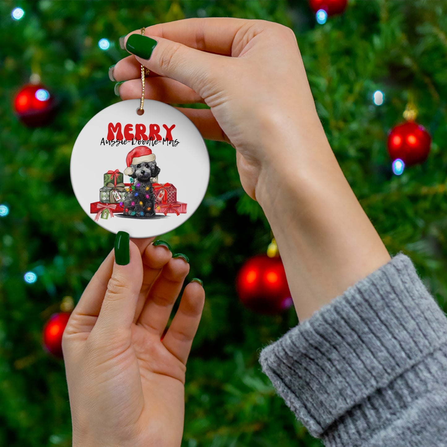 Aussiedoodle Christmas Ceramic Ornament, Round or Star Shape, Merry Aussiedoodlemas, Aussiedoo Ornament, Aussiedoodle Dog Ornament
