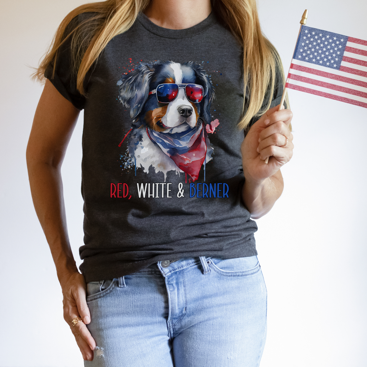 Red White and Berner Patriotic T-Shirt, Bernese Mountain Dog Patriotic Top, Bernie 4th of July Shirt, Berner Lover Tee, Bernese Mama T-Shirt