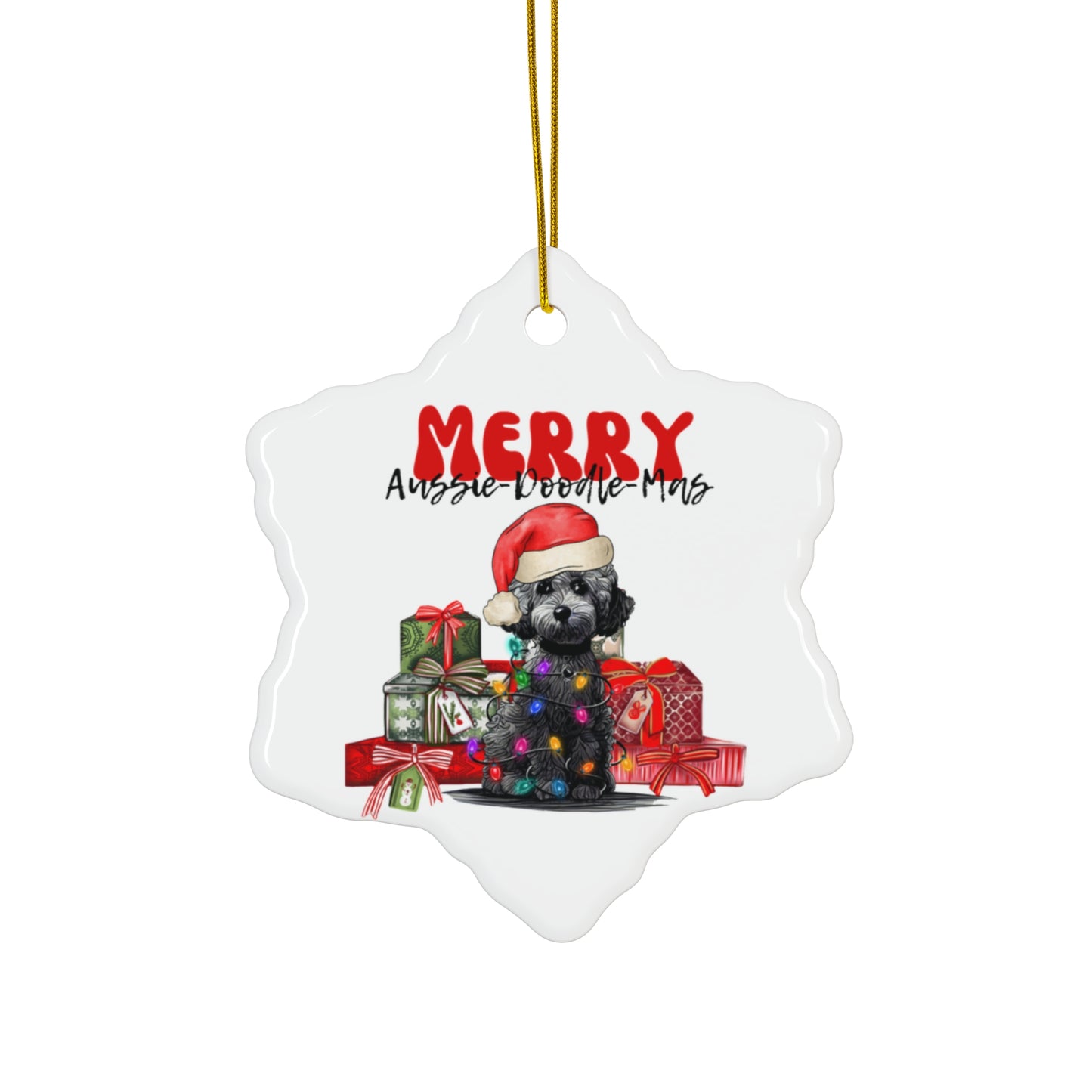 Aussiedoodle Christmas Ceramic Ornament, Round or Star Shape, Merry Aussiedoodlemas, Aussiedoo Ornament, Aussiedoodle Dog Ornament