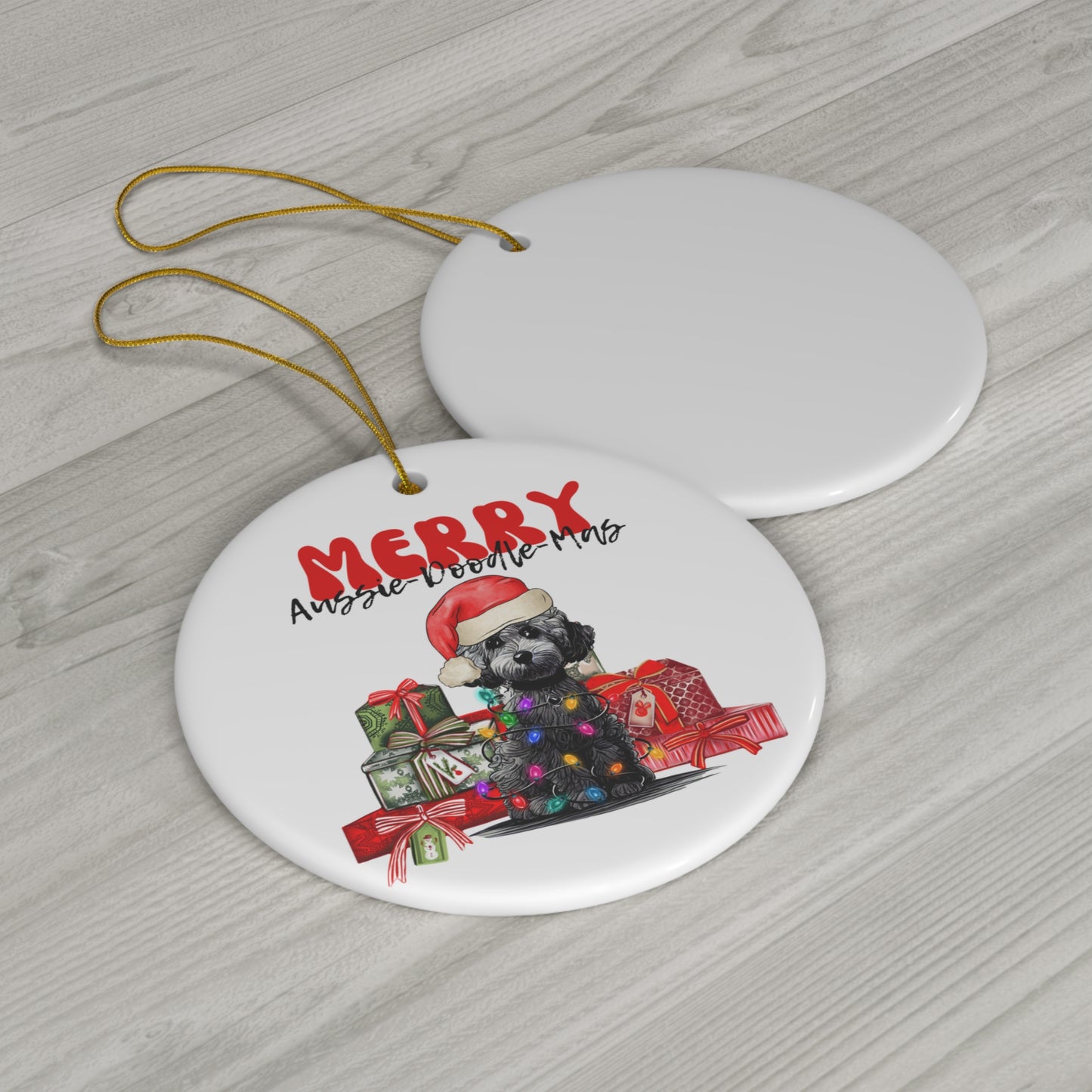 Aussiedoodle Christmas Ceramic Ornament, Round or Star Shape, Merry Aussiedoodlemas, Aussiedoo Ornament, Aussiedoodle Dog Ornament