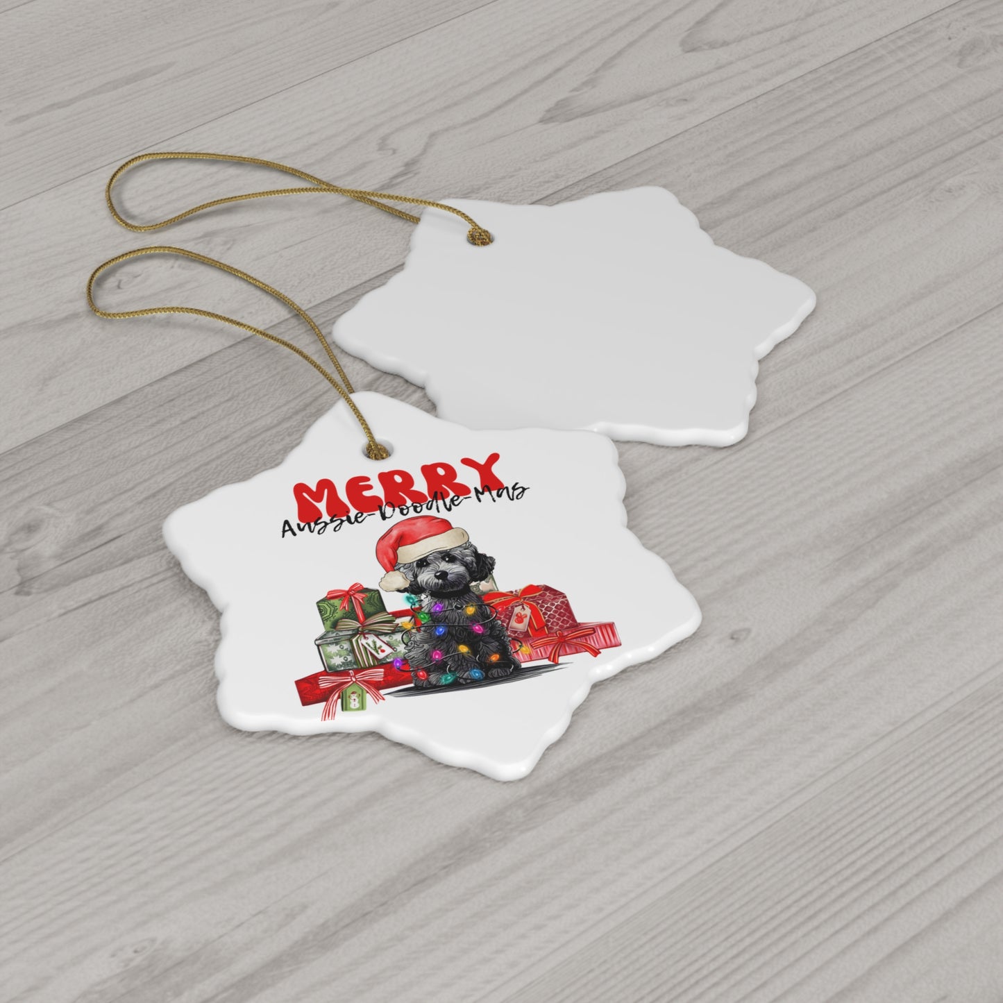 Aussiedoodle Christmas Ceramic Ornament, Round or Star Shape, Merry Aussiedoodlemas, Aussiedoo Ornament, Aussiedoodle Dog Ornament