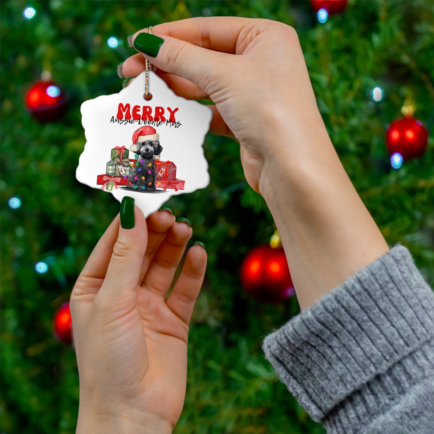 Aussiedoodle Christmas Ceramic Ornament, Round or Star Shape, Merry Aussiedoodlemas, Aussiedoo Ornament, Aussiedoodle Dog Ornament