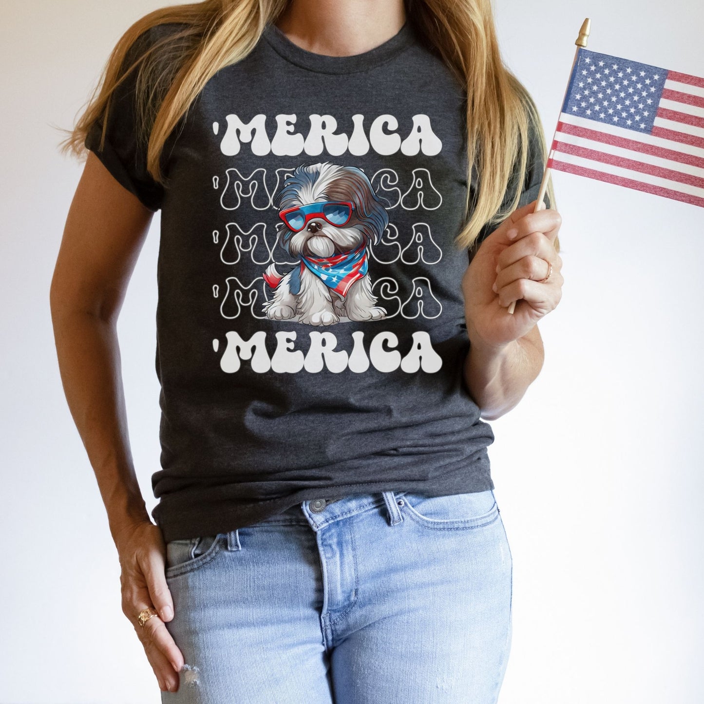 Shih Tzu 'Merica Patriotic T-Shirt, Shih Tzu 4th of July Top, ShihTzu Dog Fourth of July Shirt, Red White Blue Dog Independence Day Tee