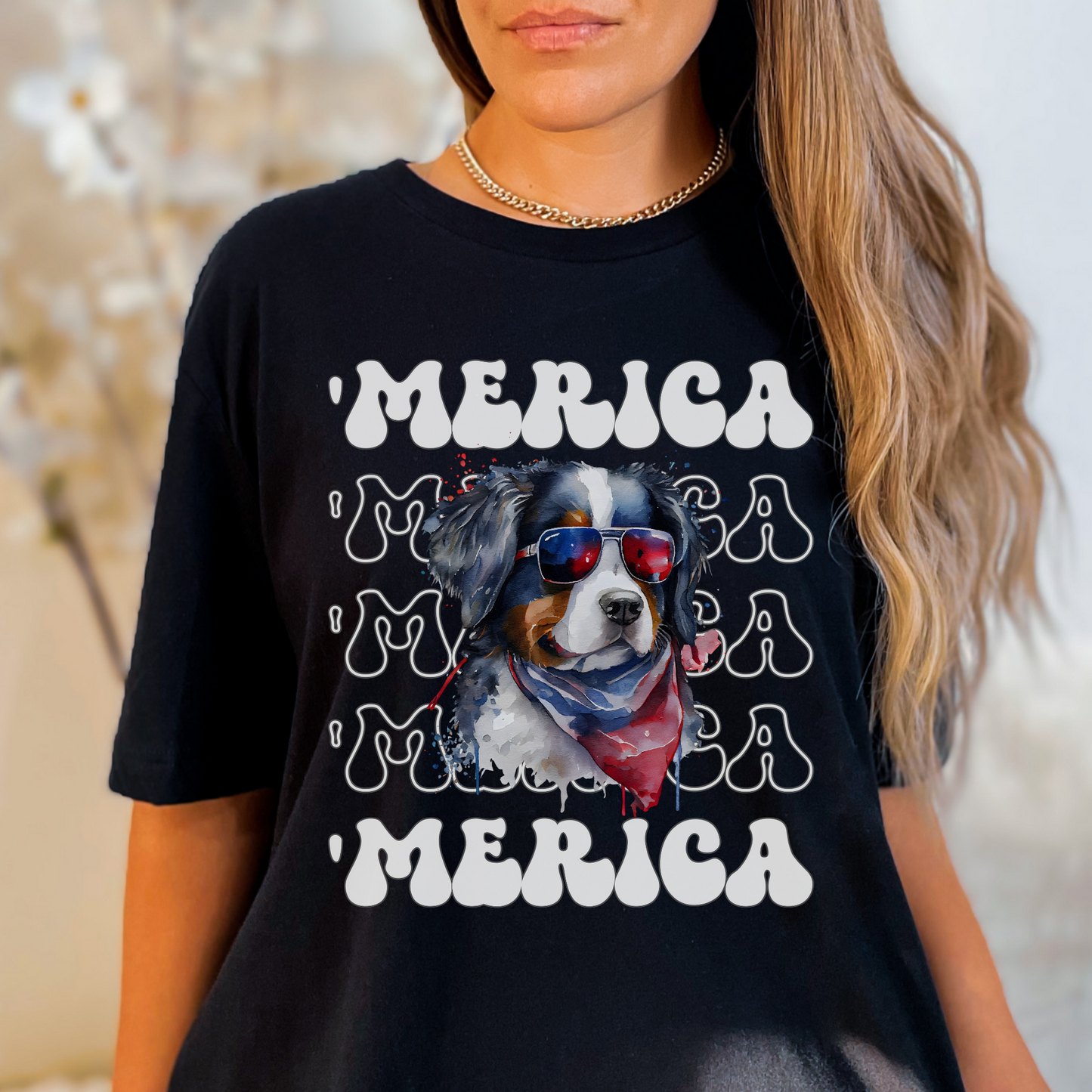 Bernese Mountain Dog 'Merica Patriotic T-Shirt, Bernie 4th of July Top, Berner Dog Fourth of July Shirt, Bernese Patriotic Red White Blue