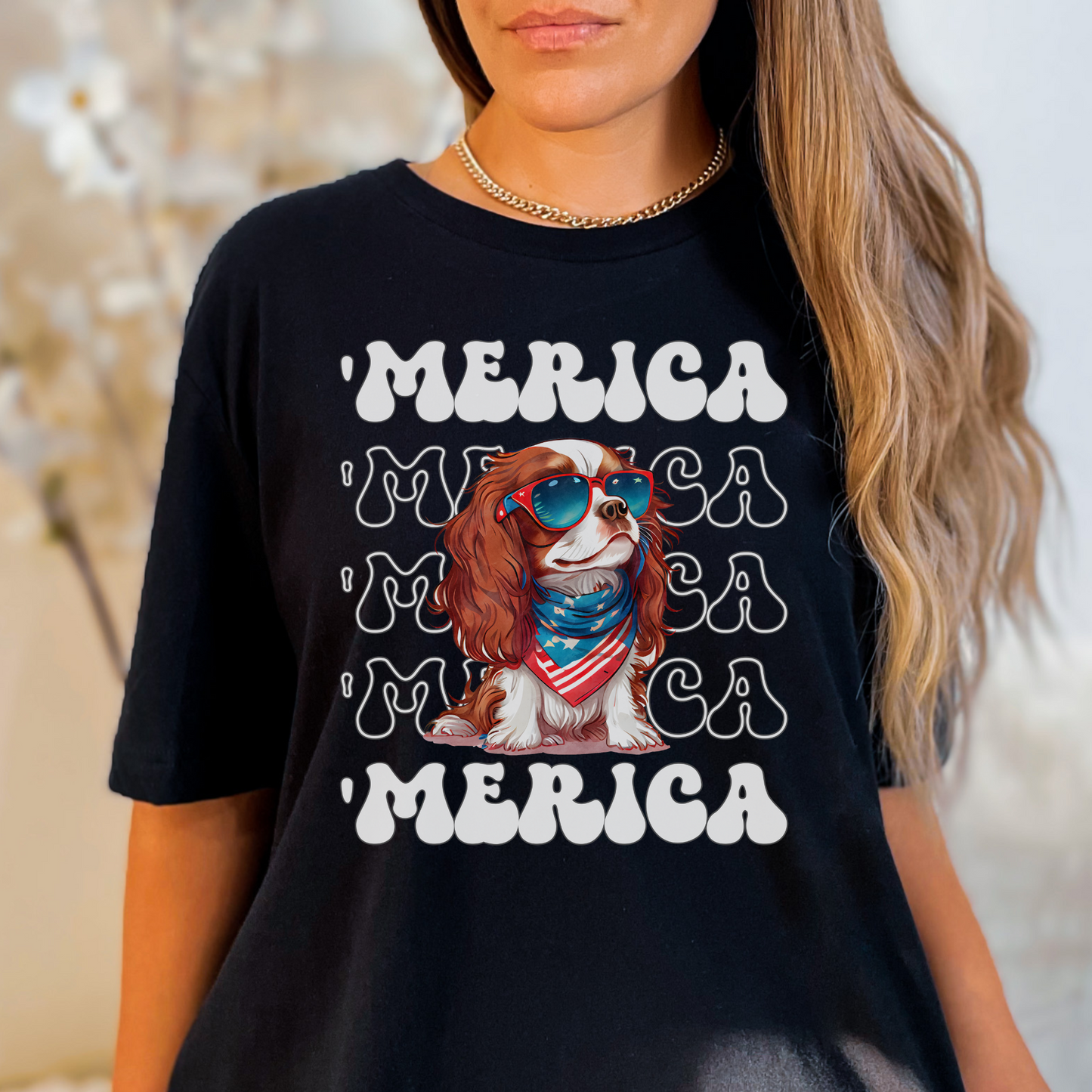 Cavalier King Charles Spaniel 'Merica Patriotic T-Shirt, Cavalier 4th of July Top, Cute Cavalier King Charles Dog Fourth of July Shirt