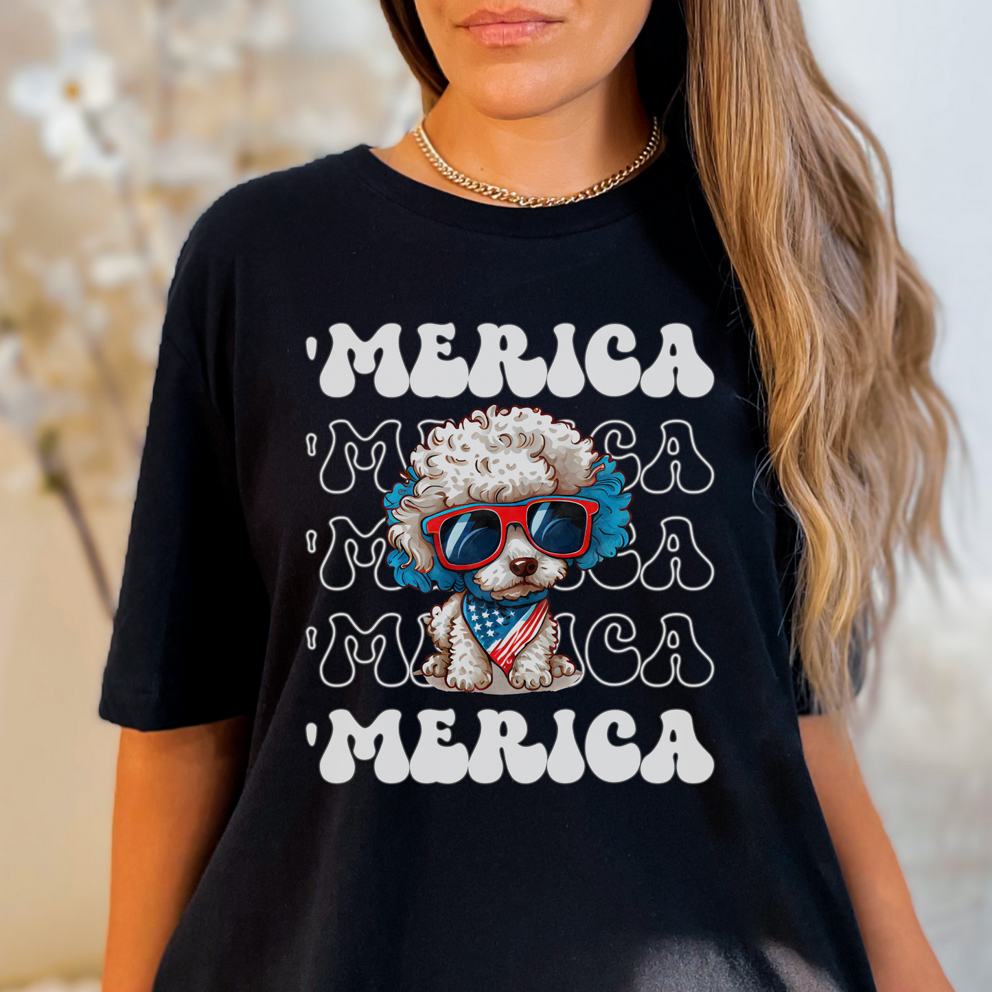 Poodle 'Merica Patriotic T-Shirt, White Poodle 4th of July Top, Miniature Poodle Dog Fourth of July Shirt Red White Blue Cute Poodle Tee