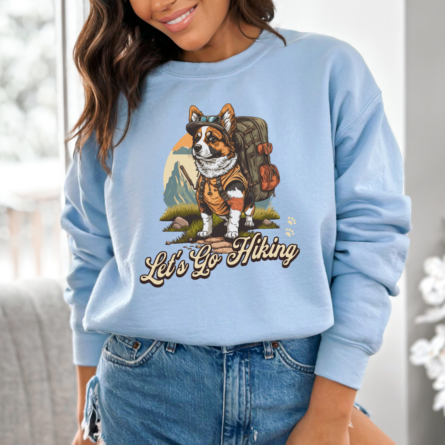 Hiking Dog Corgi Crewneck Sweatshirt, Hiking Corgi Women's Top, Corgi Puppy Ladies Sweatshirt, Outdoor Lover Corgi Mom