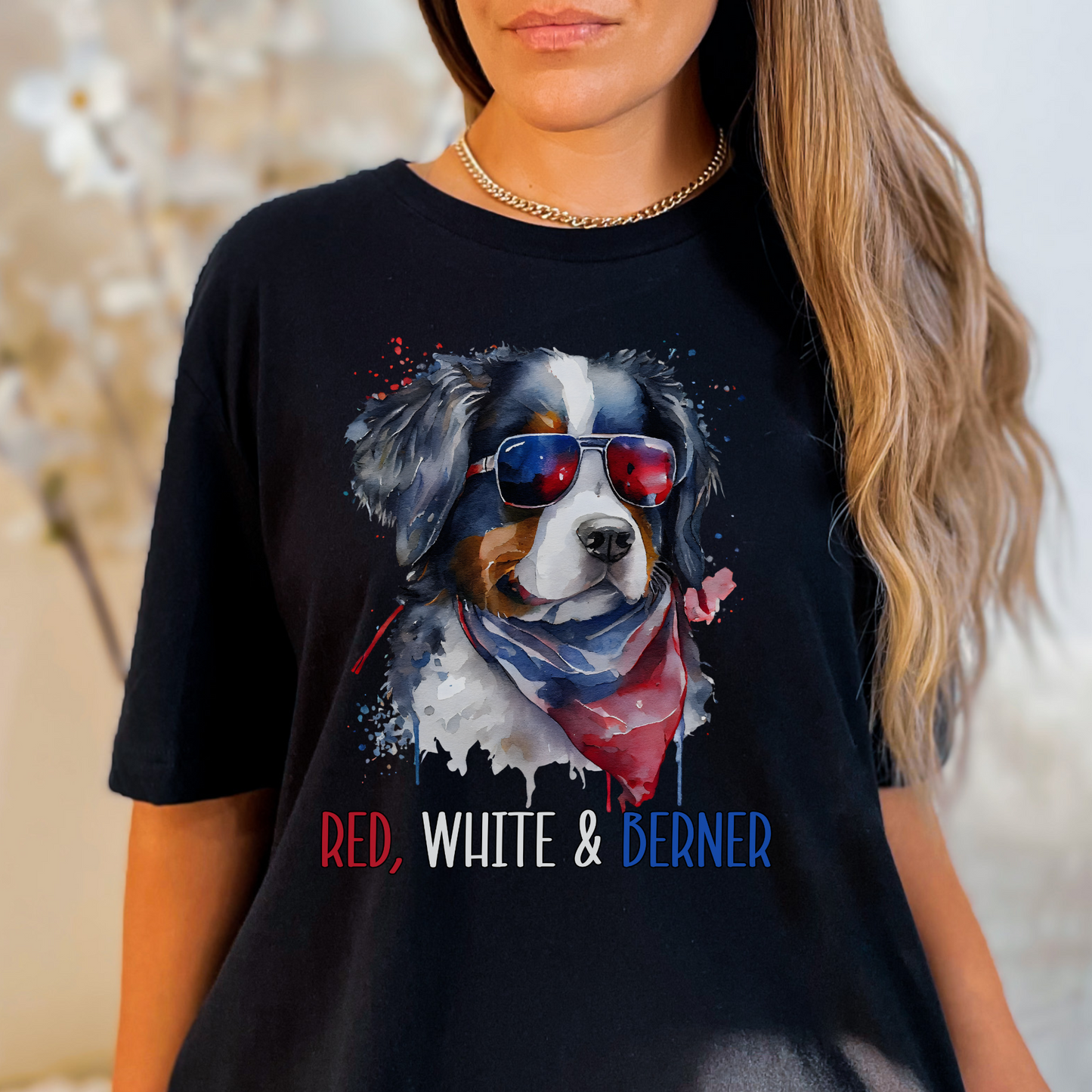 Red White and Berner Patriotic T-Shirt, Bernese Mountain Dog Patriotic Top, Bernie 4th of July Shirt, Berner Lover Tee, Bernese Mama T-Shirt