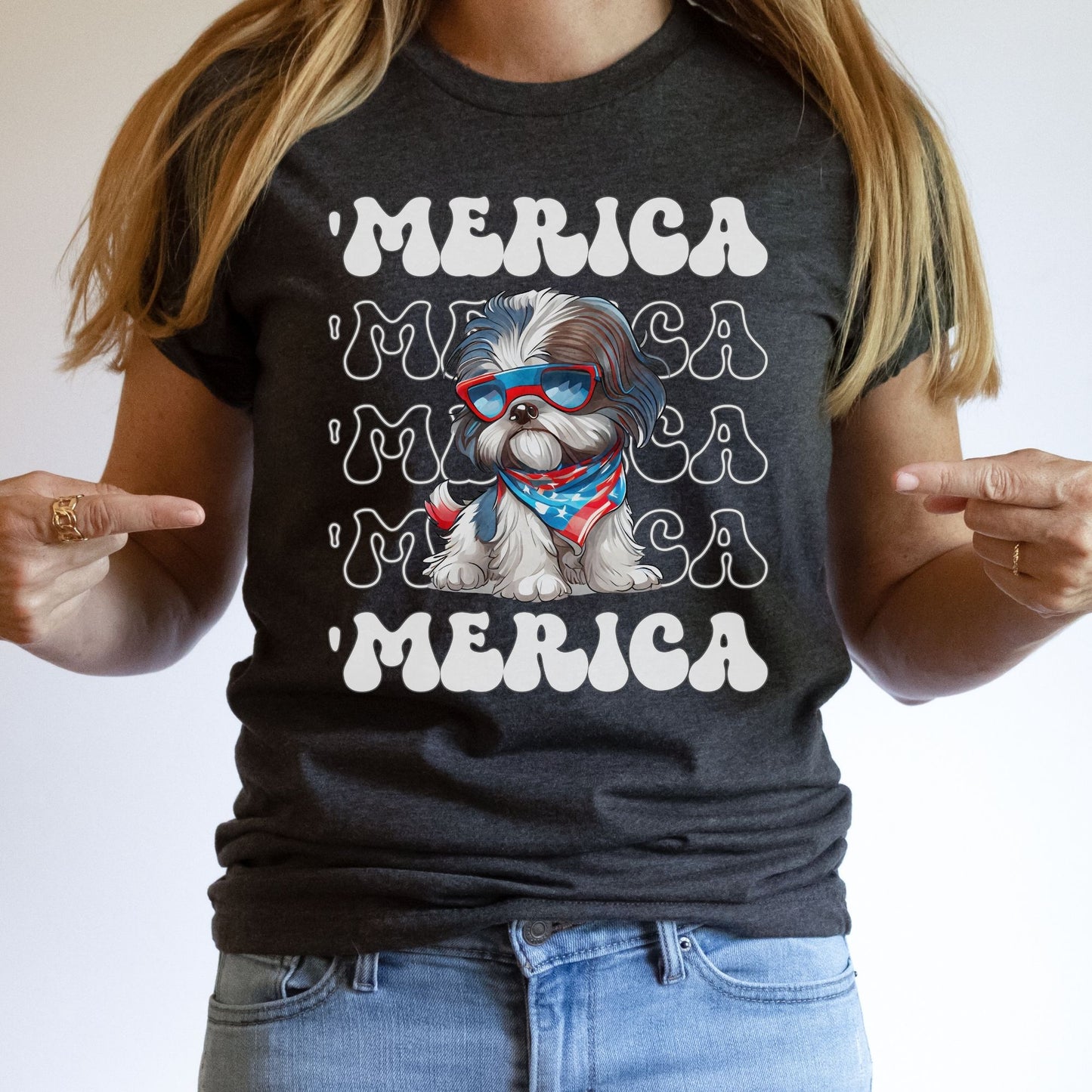 Shih Tzu 'Merica Patriotic T-Shirt, Shih Tzu 4th of July Top, ShihTzu Dog Fourth of July Shirt, Red White Blue Dog Independence Day Tee