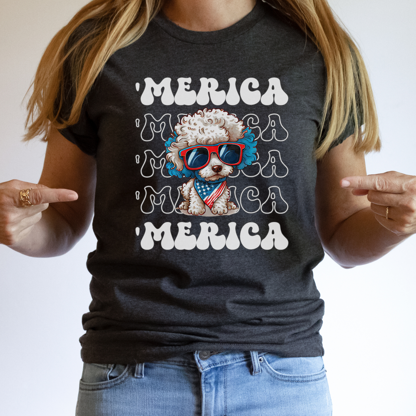 Poodle 'Merica Patriotic T-Shirt, White Poodle 4th of July Top, Miniature Poodle Dog Fourth of July Shirt Red White Blue Cute Poodle Tee