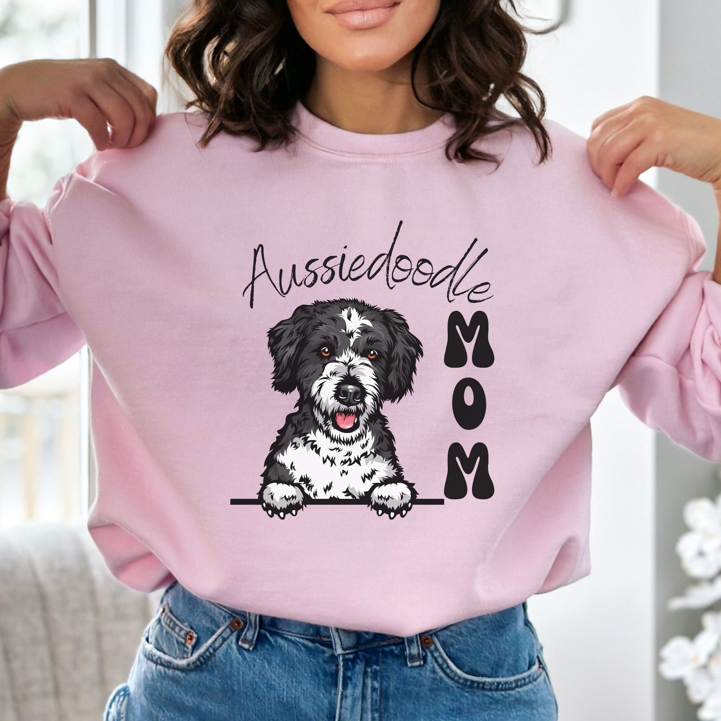 Aussiedoodle Mom Crewneck Sweatshirt Aussie Doodle Mama Gift Black and White Aussiedoo, Cute Aussiedoodle Puppy, Aussiedoodle Sweatshirt