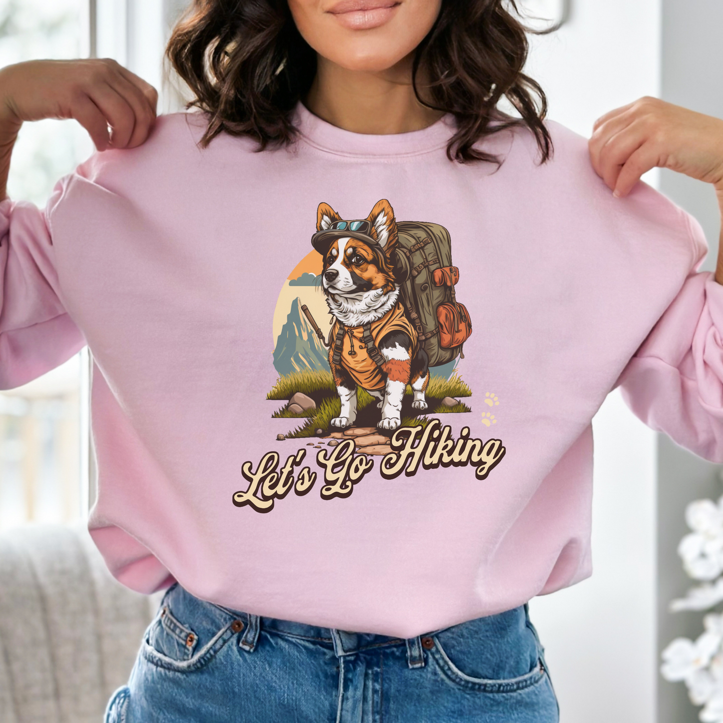 Hiking Dog Corgi Crewneck Sweatshirt, Hiking Corgi Women's Top, Corgi Puppy Ladies Sweatshirt, Outdoor Lover Corgi Mom
