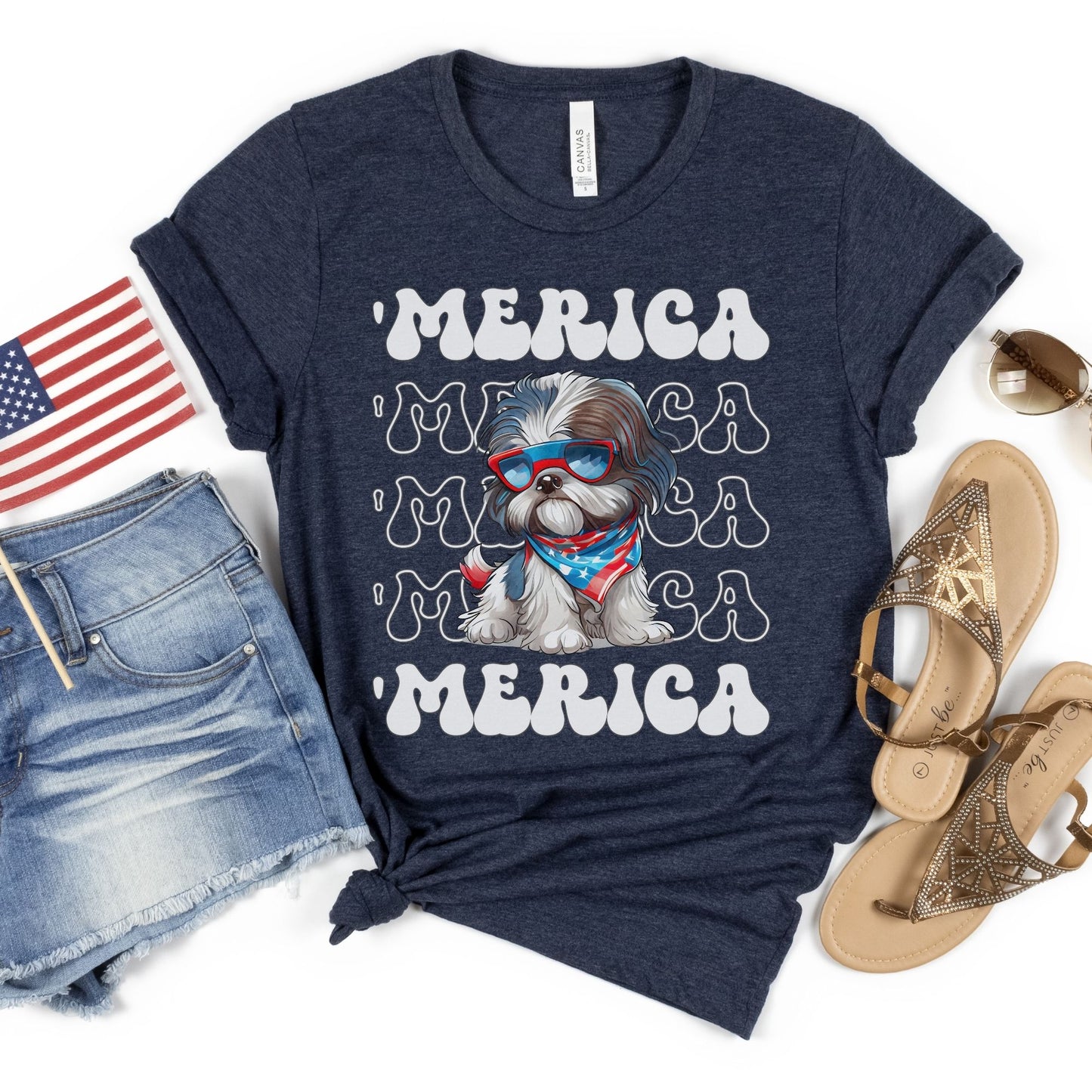 Shih Tzu 'Merica Patriotic T-Shirt, Shih Tzu 4th of July Top, ShihTzu Dog Fourth of July Shirt, Red White Blue Dog Independence Day Tee
