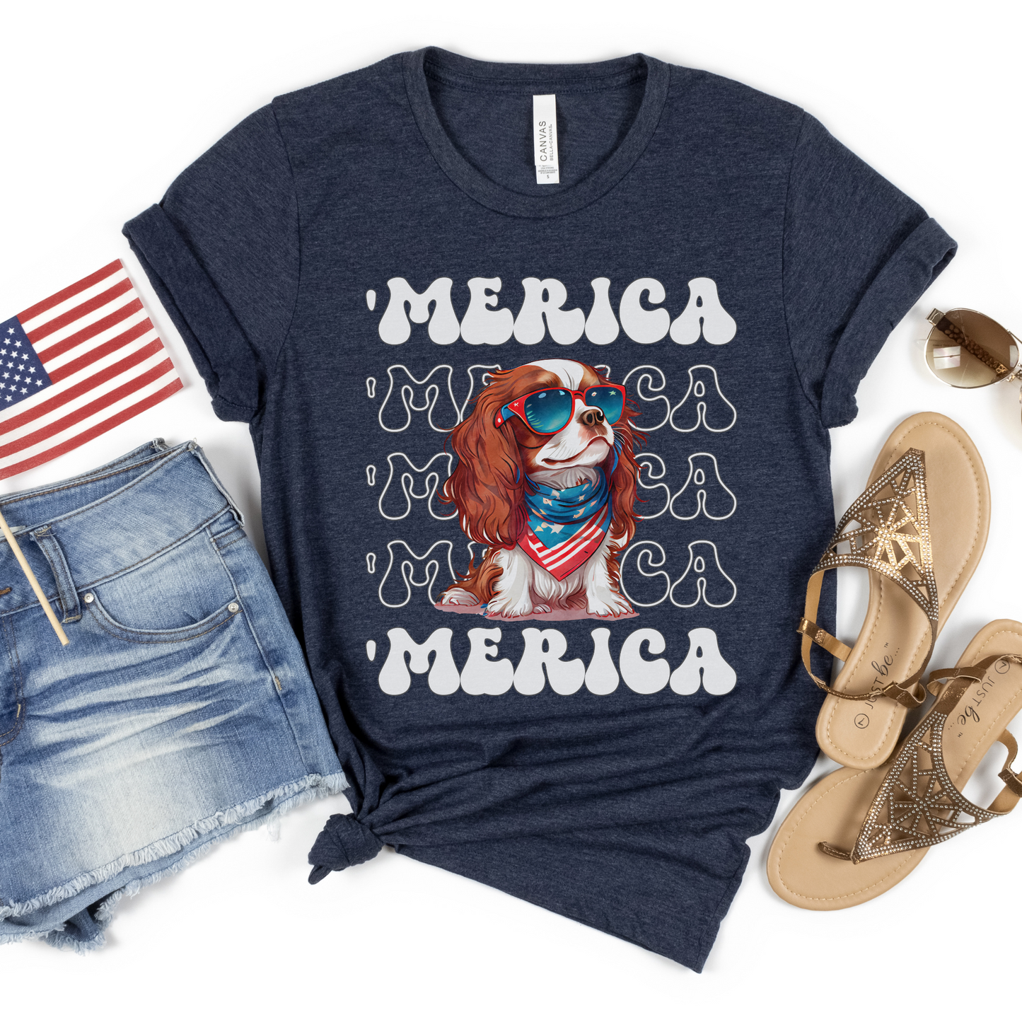 Cavalier King Charles Spaniel 'Merica Patriotic T-Shirt, Cavalier 4th of July Top, Cute Cavalier King Charles Dog Fourth of July Shirt