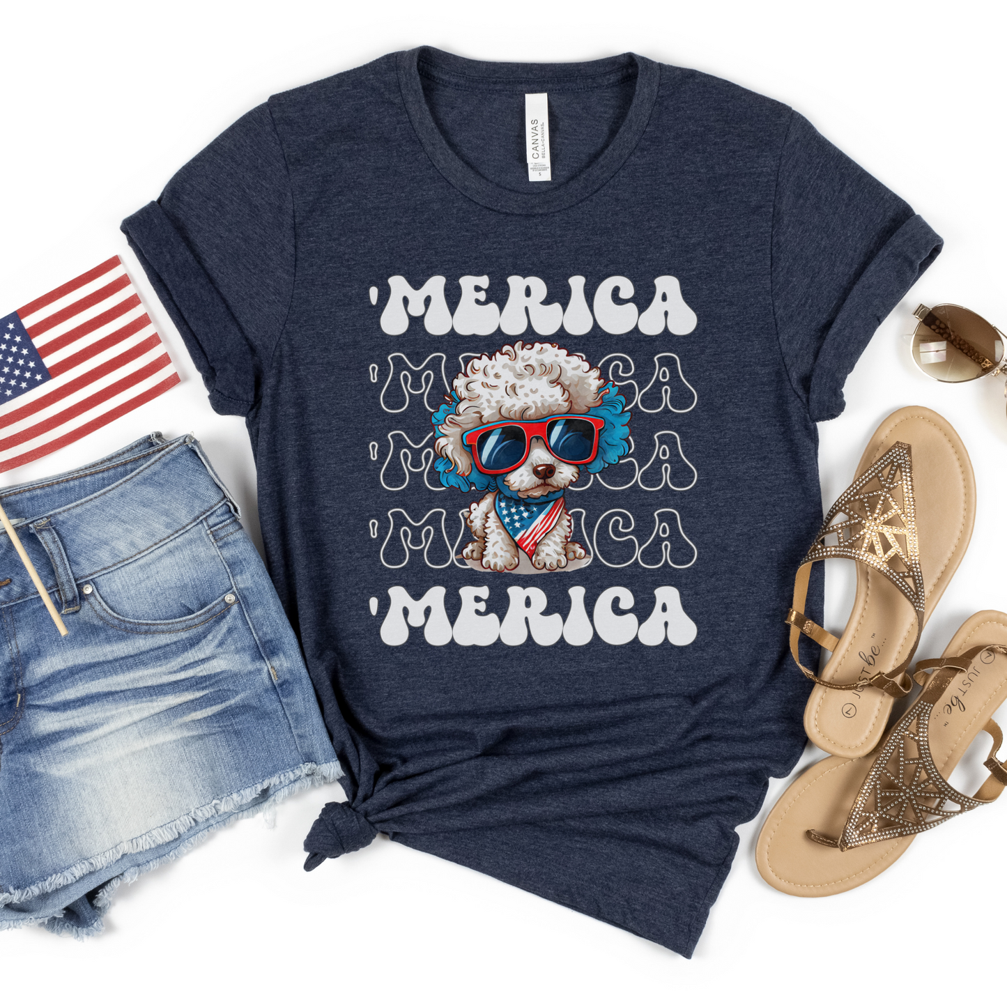 Poodle 'Merica Patriotic T-Shirt, White Poodle 4th of July Top, Miniature Poodle Dog Fourth of July Shirt Red White Blue Cute Poodle Tee
