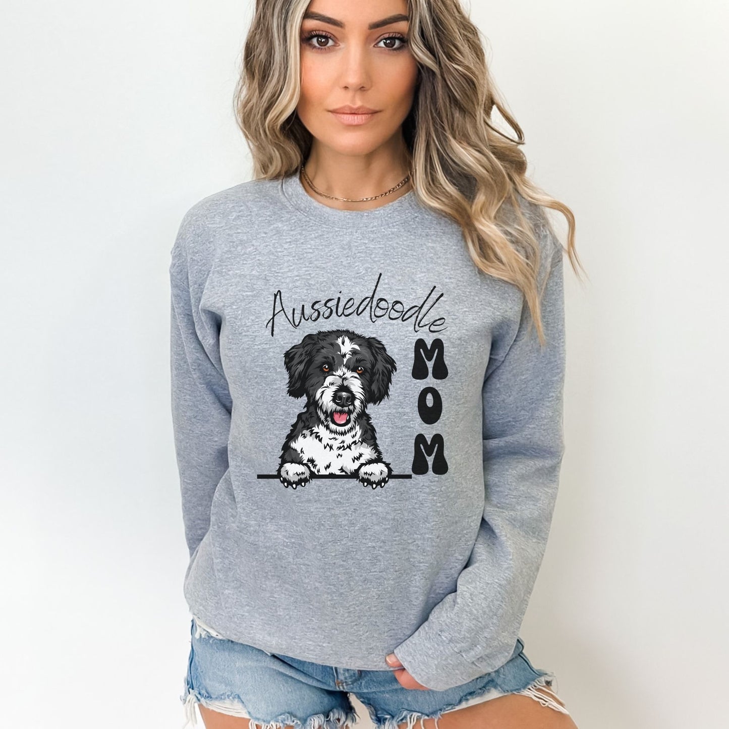 Aussiedoodle Mom Crewneck Sweatshirt Aussie Doodle Mama Gift Black and White Aussiedoo, Cute Aussiedoodle Puppy, Aussiedoodle Sweatshirt