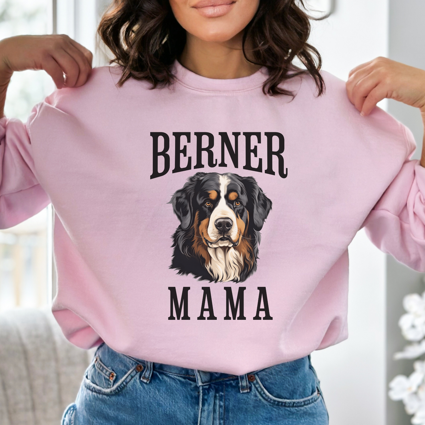 Pink Berner Mama Crewneck Sweatshirt, Bernese Mountain Dog Womens Top