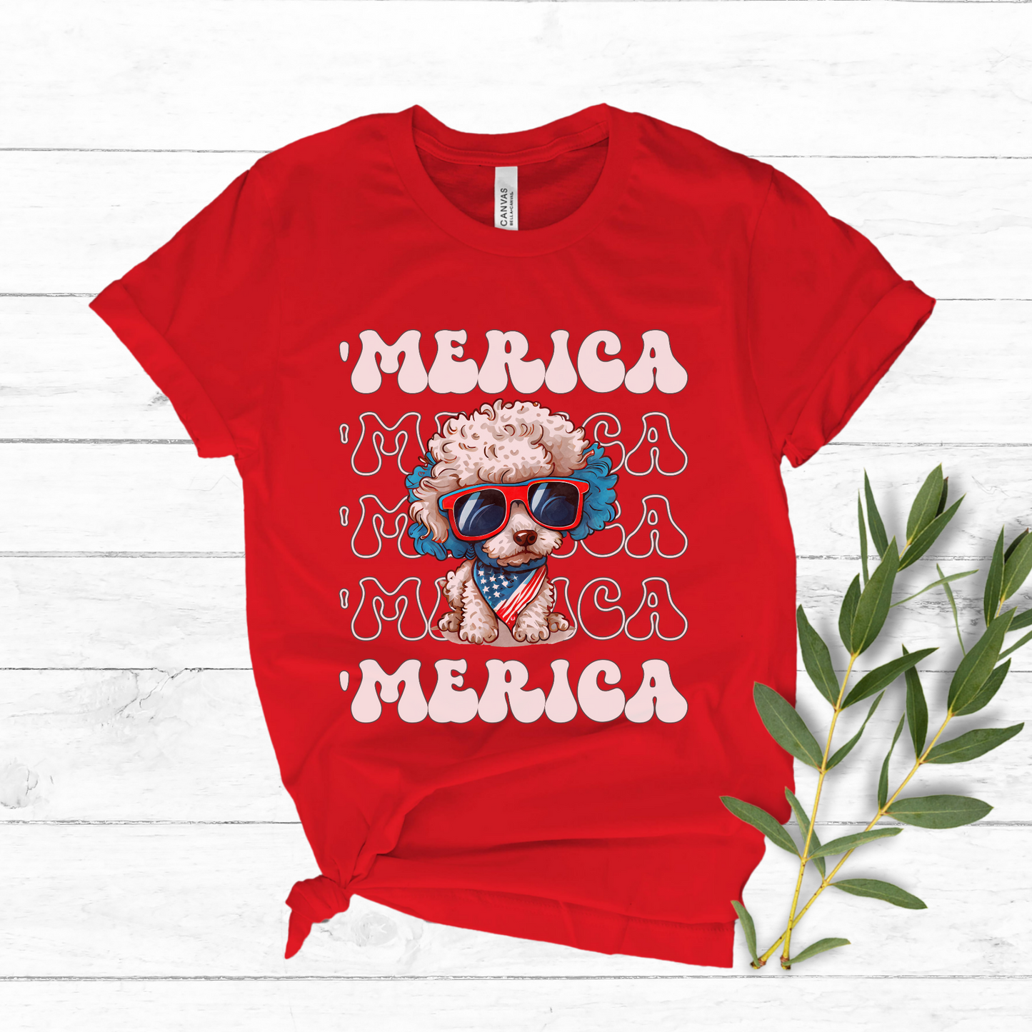 Poodle 'Merica Patriotic T-Shirt, White Poodle 4th of July Top, Miniature Poodle Dog Fourth of July Shirt Red White Blue Cute Poodle Tee