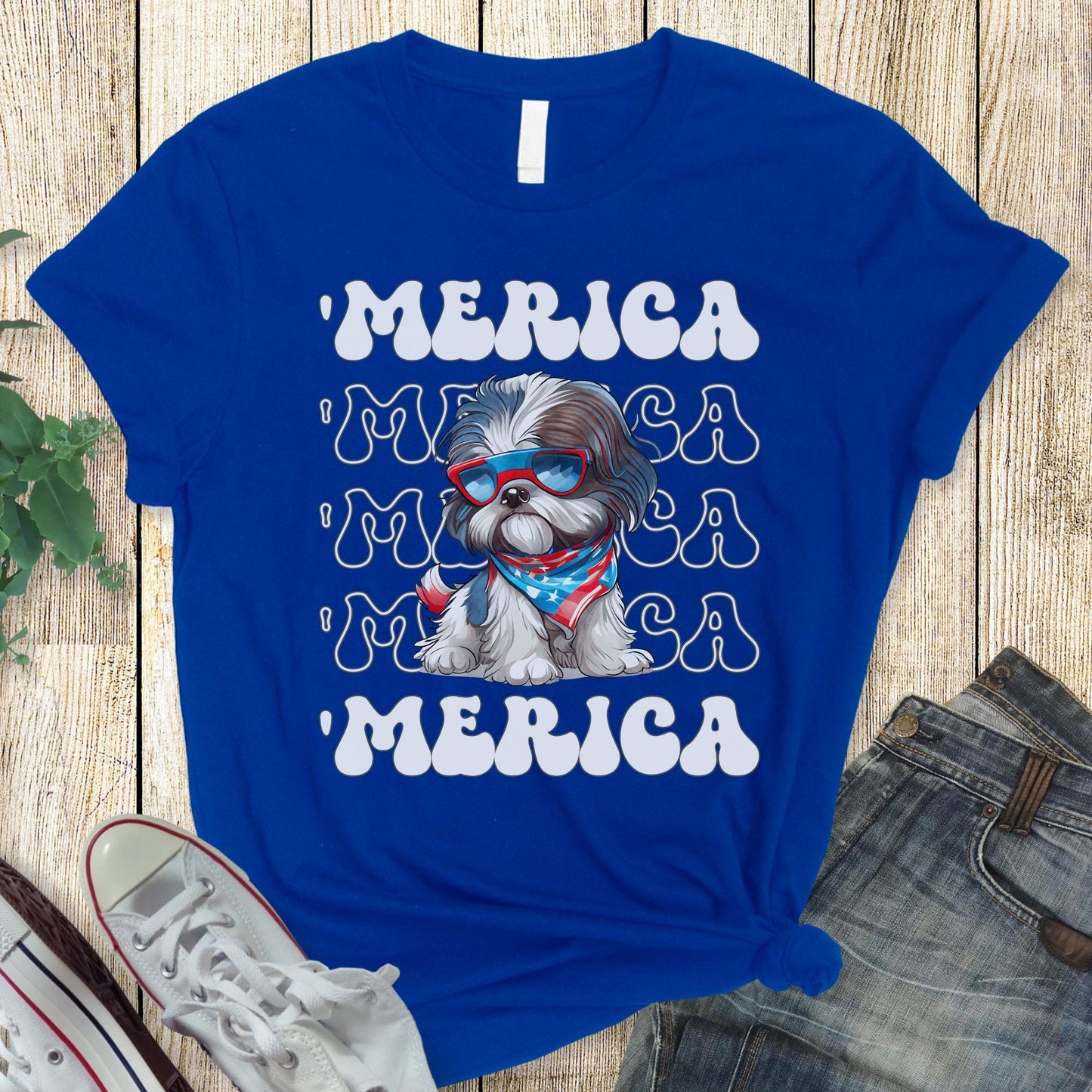 Shih Tzu 'Merica Patriotic T-Shirt, Shih Tzu 4th of July Top, ShihTzu Dog Fourth of July Shirt, Red White Blue Dog Independence Day Tee