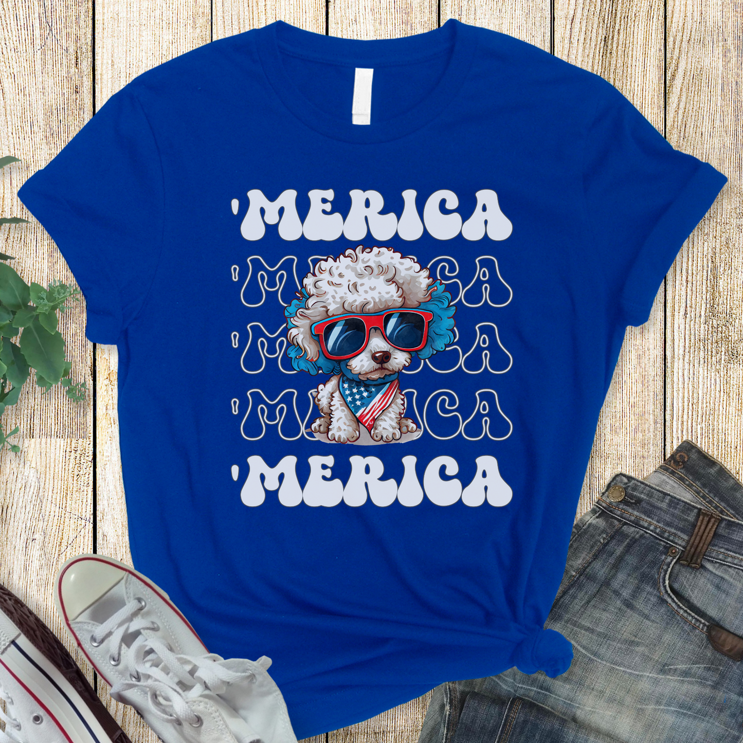 Poodle 'Merica Patriotic T-Shirt, White Poodle 4th of July Top, Miniature Poodle Dog Fourth of July Shirt Red White Blue Cute Poodle Tee
