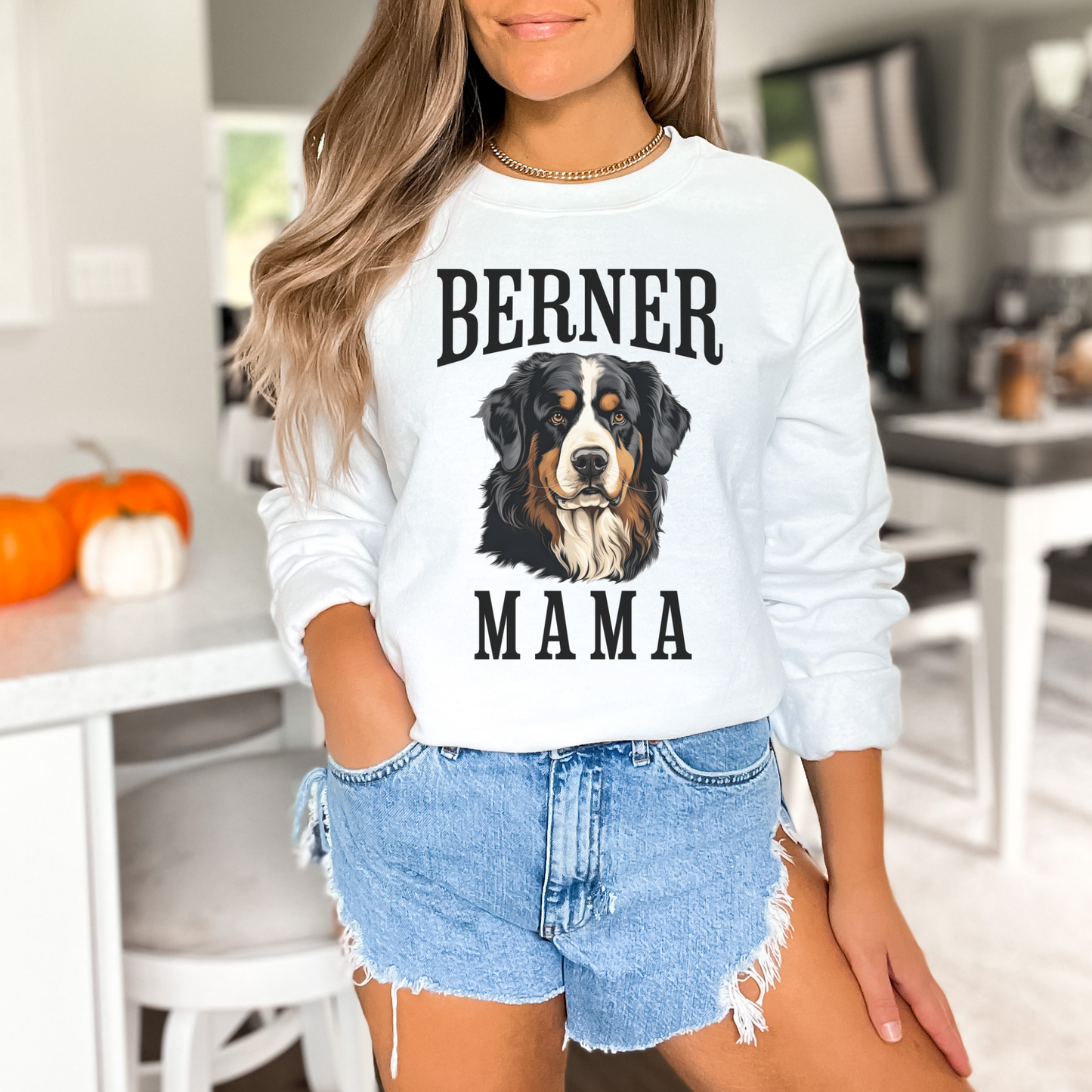 White Berner Mama Crewneck Sweatshirt, Bernese Mountain Dog Womens Top
