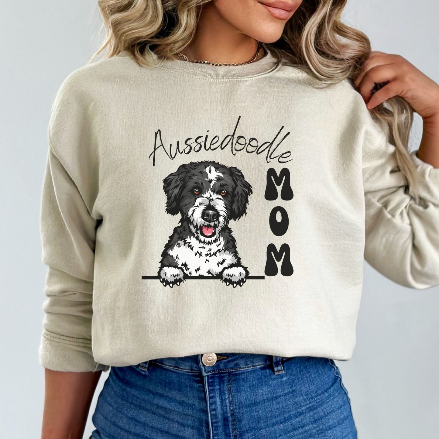 Aussiedoodle Mom Crewneck Sweatshirt Aussie Doodle Mama Gift Black and White Aussiedoo, Cute Aussiedoodle Puppy, Aussiedoodle Sweatshirt