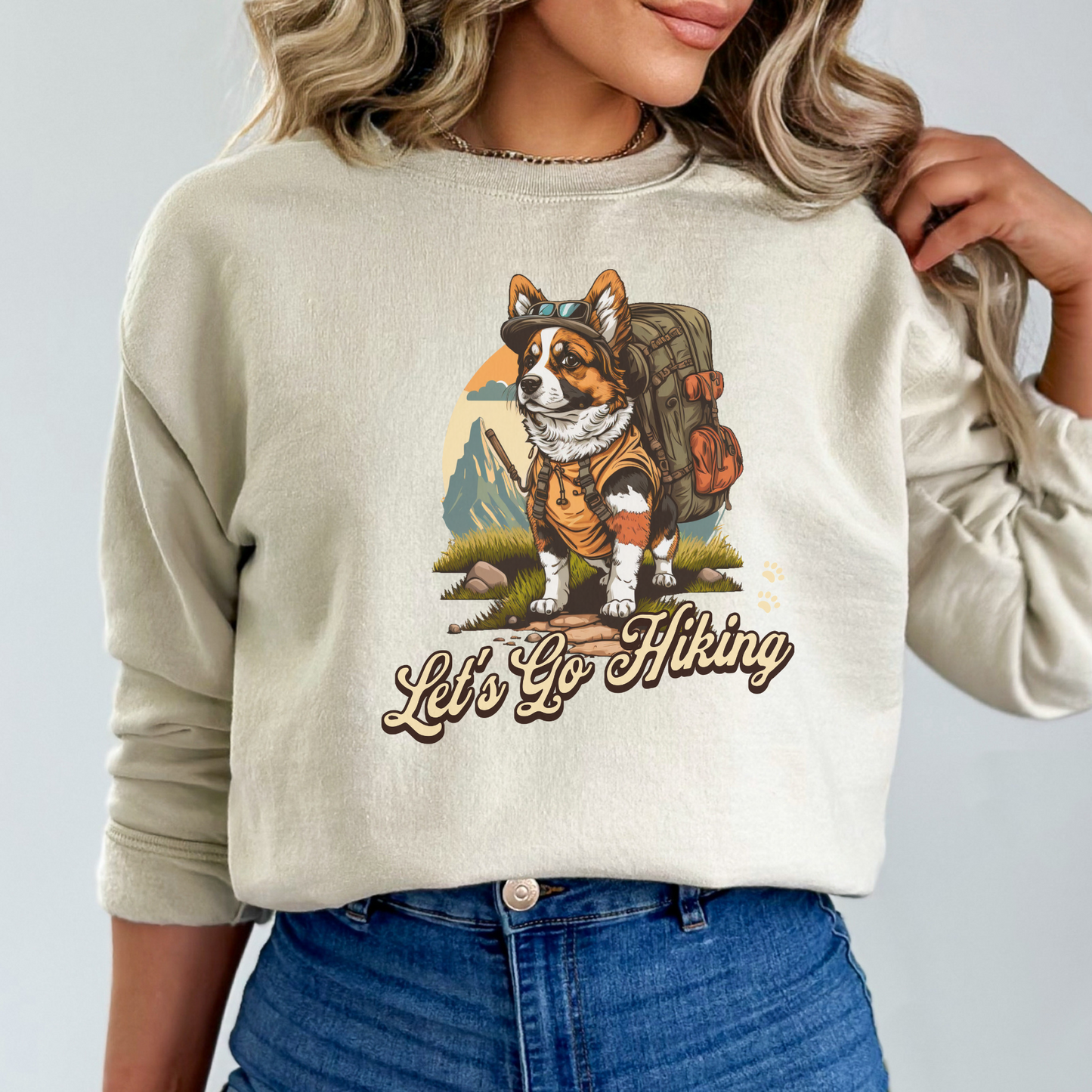 Hiking Dog Corgi Crewneck Sweatshirt, Hiking Corgi Women's Top, Corgi Puppy Ladies Sweatshirt, Outdoor Lover Corgi Mom