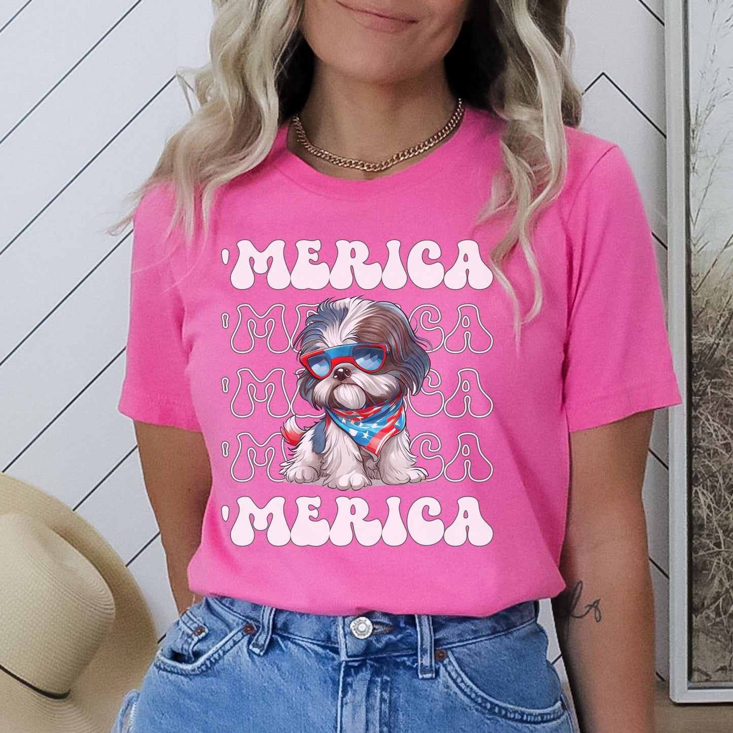 Shih Tzu 'Merica Patriotic T-Shirt, Shih Tzu 4th of July Top, ShihTzu Dog Fourth of July Shirt, Red White Blue Dog Independence Day Tee