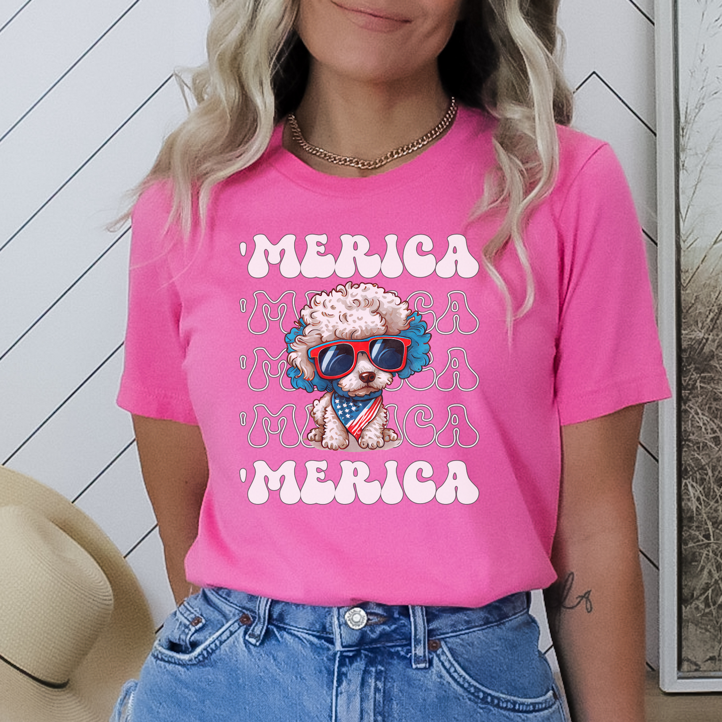 Poodle 'Merica Patriotic T-Shirt, White Poodle 4th of July Top, Miniature Poodle Dog Fourth of July Shirt Red White Blue Cute Poodle Tee