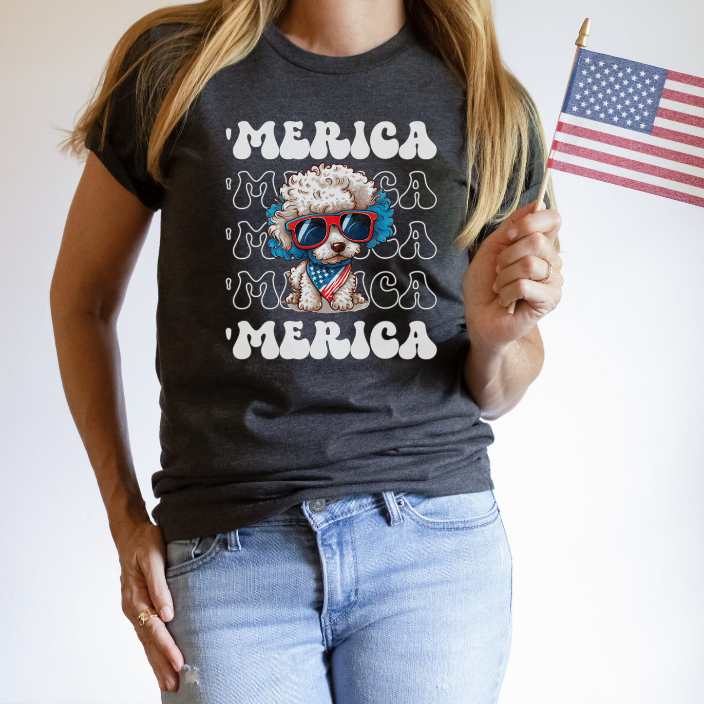 Poodle 'Merica Patriotic T-Shirt, White Poodle 4th of July Top, Miniature Poodle Dog Fourth of July Shirt Red White Blue Cute Poodle Tee