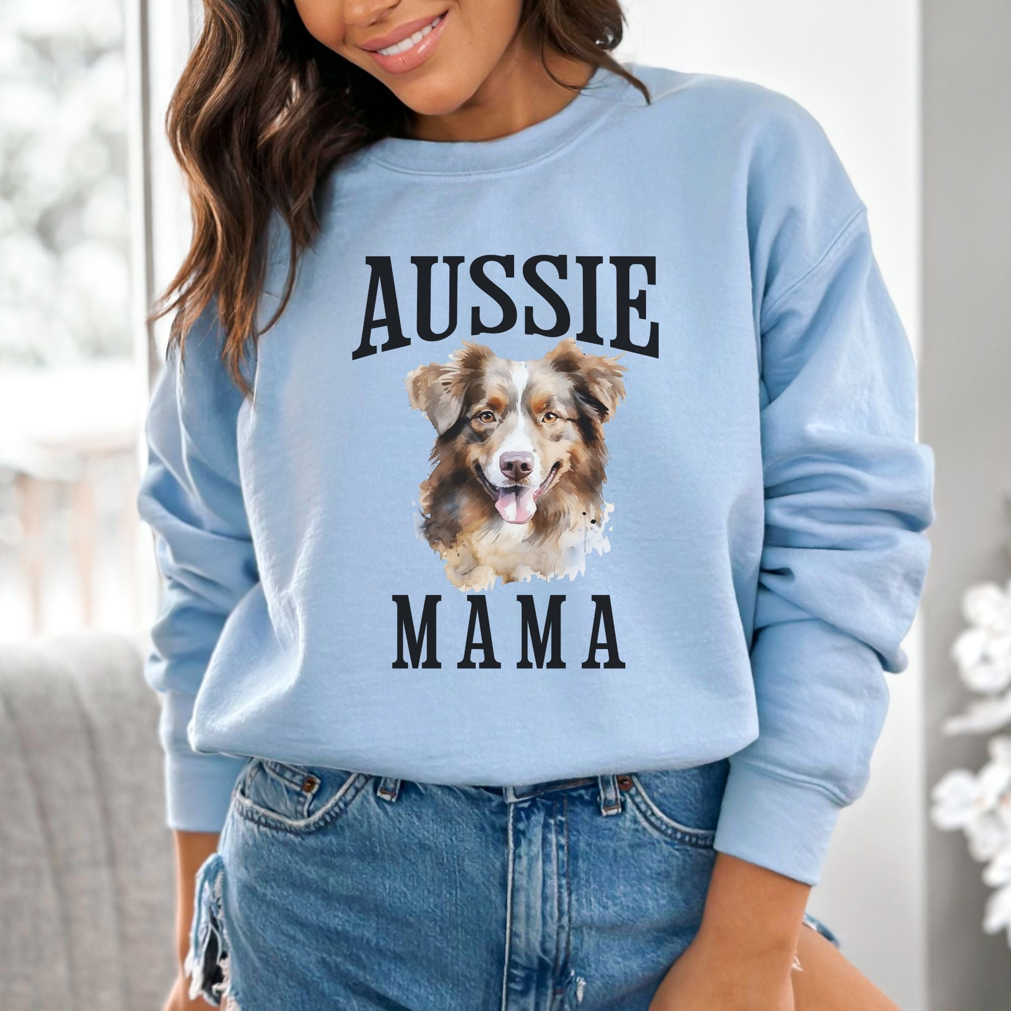 Australian Shepherd Dog Mama Crewneck Sweatshirt Aussie DogWomens Top Sweet Puppy Place